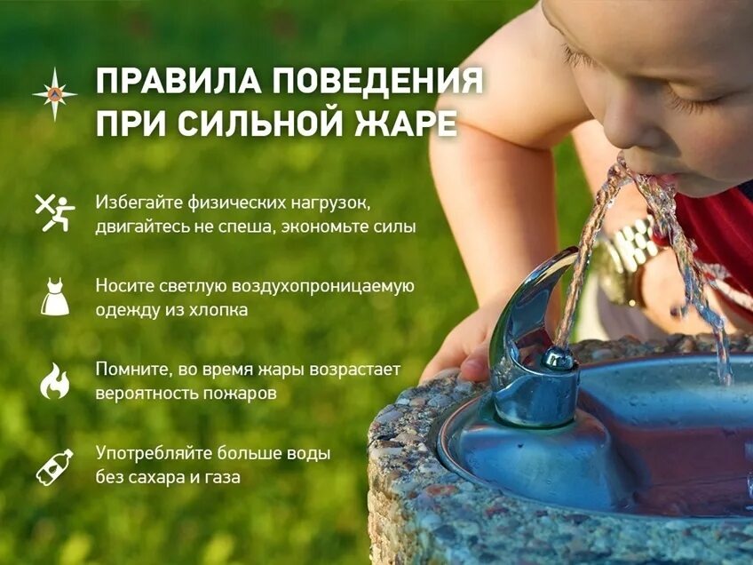 Иллюстрация с правилами поведения при сильной жаре.